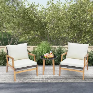 3 Pieces Garden Wicker Chair and Side Table Set with Soft Cushions-White