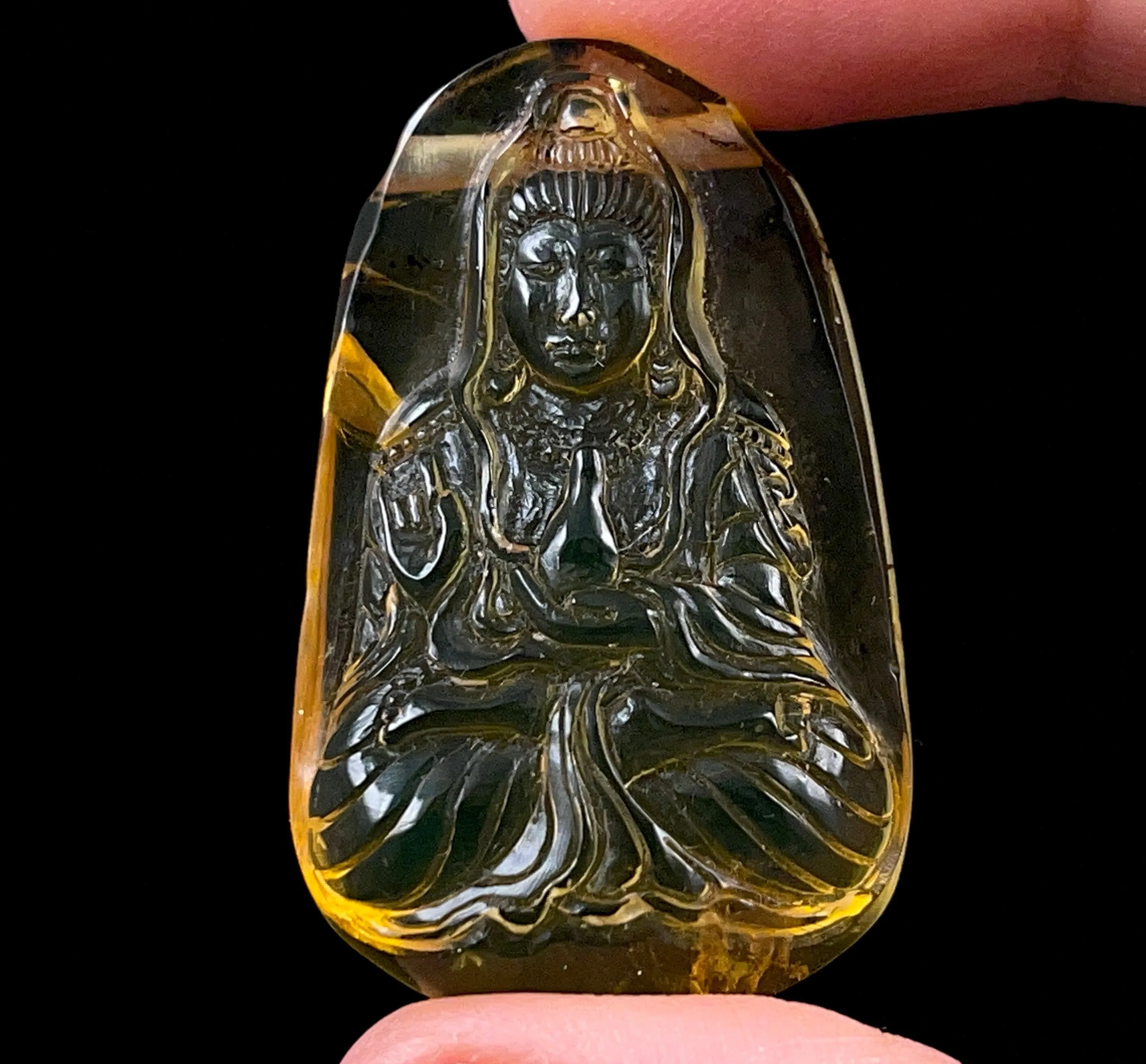 AMBER Crystal Kuan Yin - Crystal Carving, Housewarming Gift, Home Decor, Healing Crystals and Stones, 52679