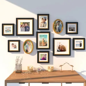 Art Street Set of 11 Wall Photoframes for Home Décor 3D-Timeline Black Photo Frame with 2 Oval Shape Frames for Wall and Living Room Decoration (5x5, 6x8, 8x8, 5x7 Inchs, Black & Golden)