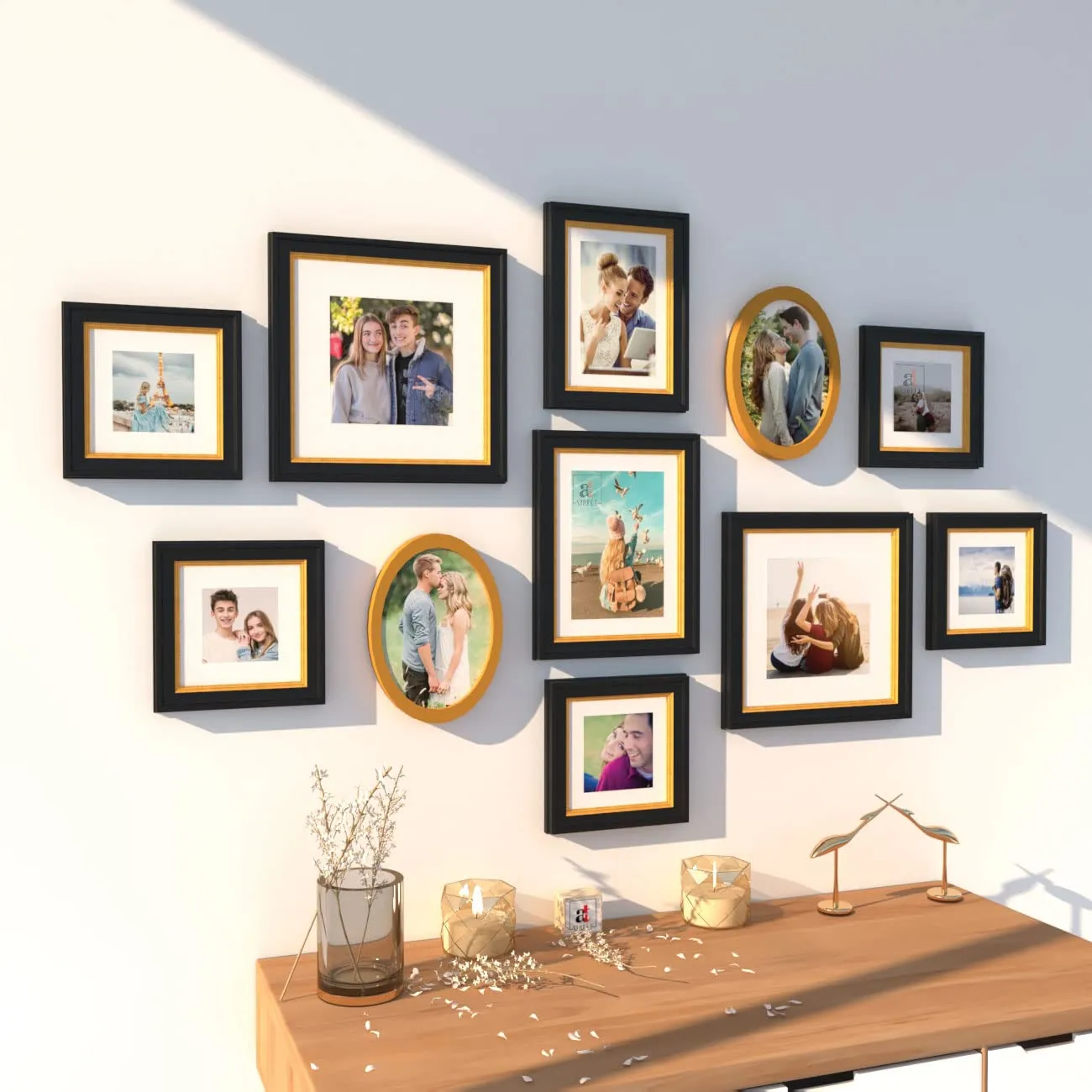 Art Street Set of 11 Wall Photoframes for Home Décor 3D-Timeline Black Photo Frame with 2 Oval Shape Frames for Wall and Living Room Decoration (5x5, 6x8, 8x8, 5x7 Inchs, Black & Golden)