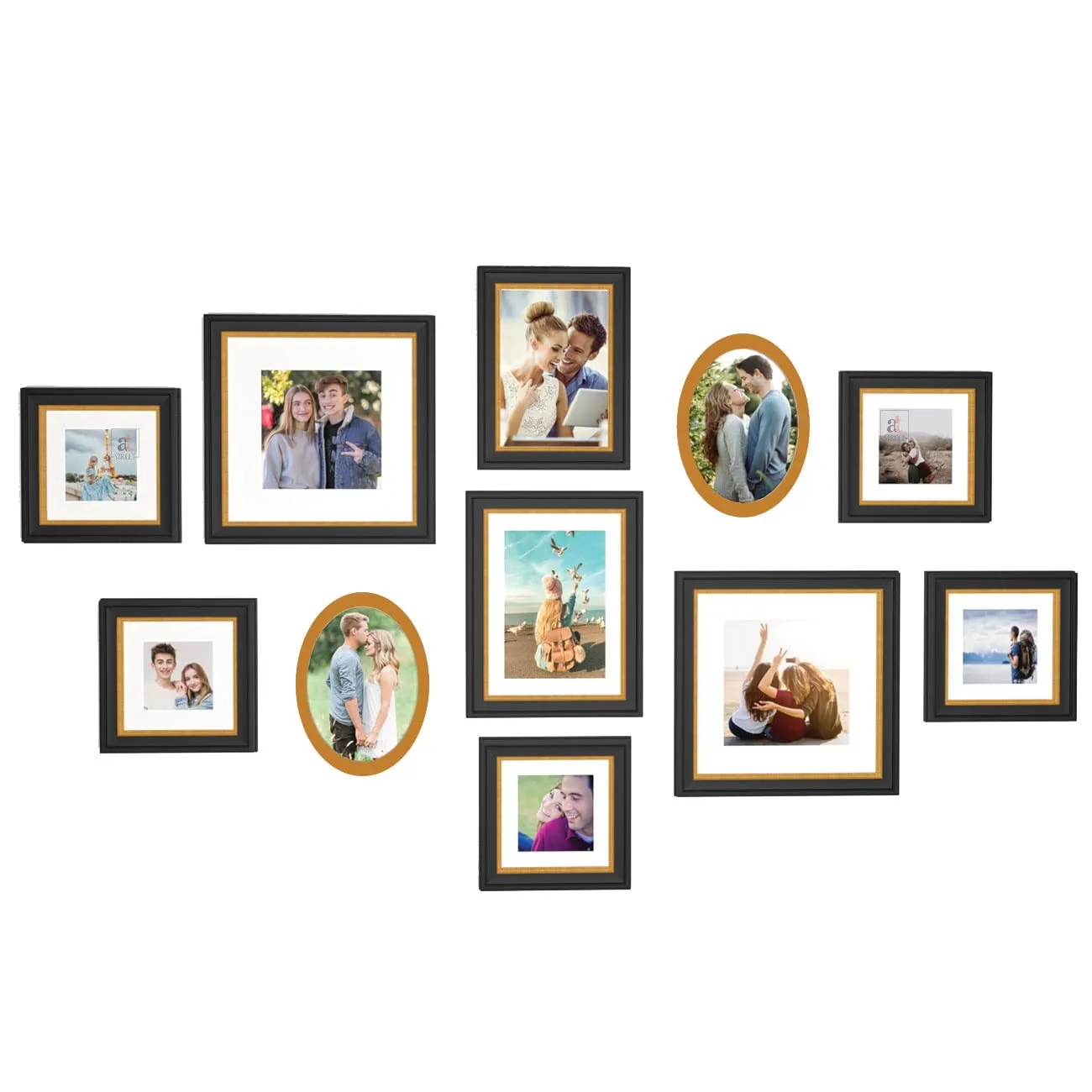 Art Street Set of 11 Wall Photoframes for Home Décor 3D-Timeline Black Photo Frame with 2 Oval Shape Frames for Wall and Living Room Decoration (5x5, 6x8, 8x8, 5x7 Inchs, Black & Golden)