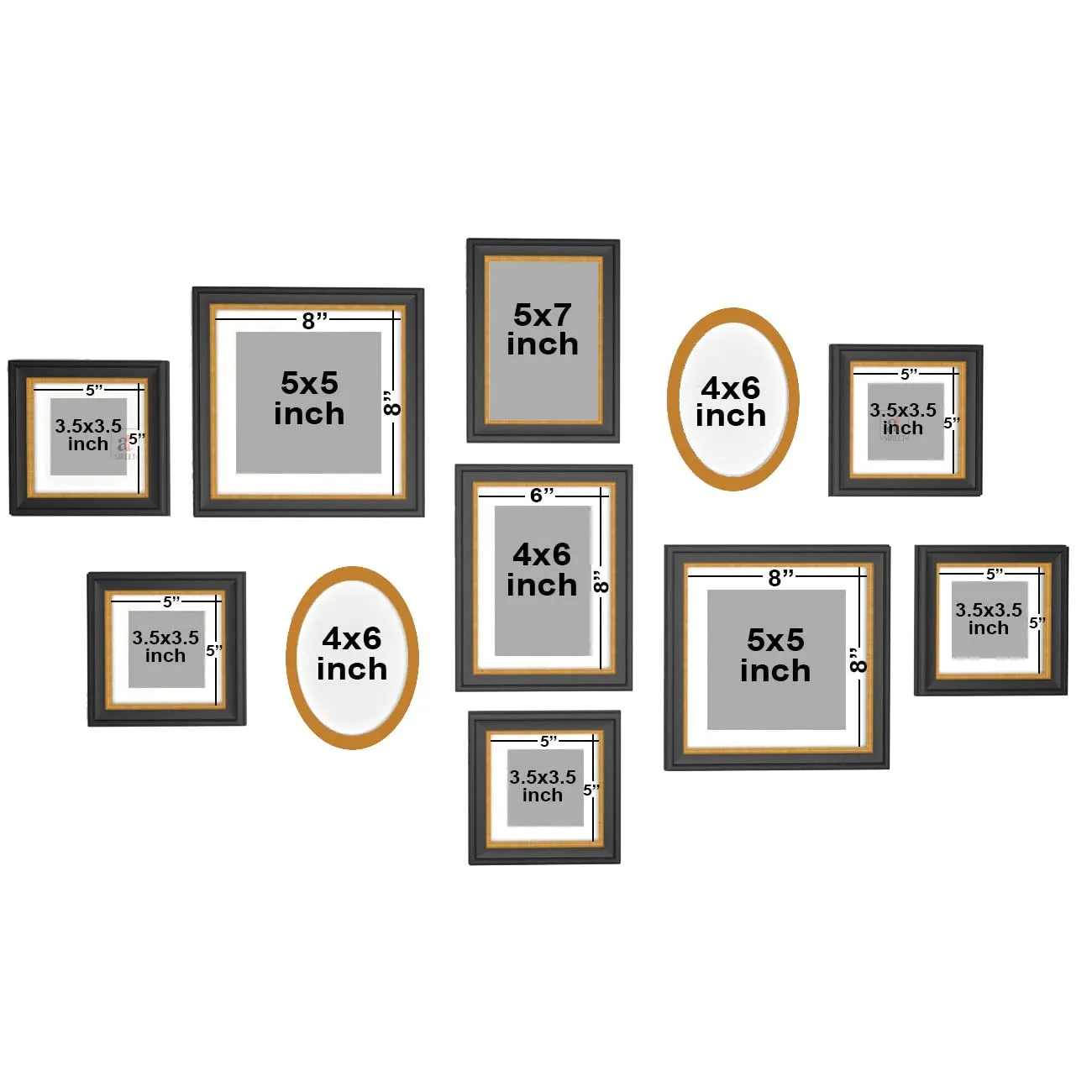 Art Street Set of 11 Wall Photoframes for Home Décor 3D-Timeline Black Photo Frame with 2 Oval Shape Frames for Wall and Living Room Decoration (5x5, 6x8, 8x8, 5x7 Inchs, Black & Golden)