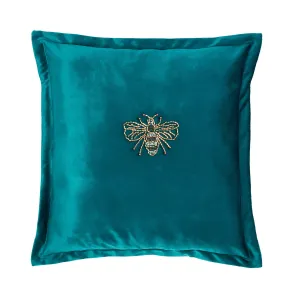 Bee Jewel Beaded Teal Velvet Cushion (43cm x 43cm)