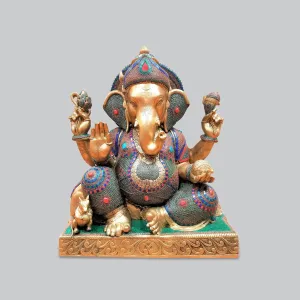 Brass Ganesha Sitting With Stone Work 32 In