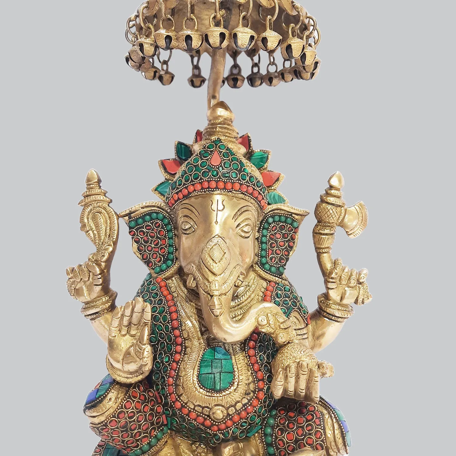 Brass Ganesha with Umbrella Round Base and Ring Stonework 16 in