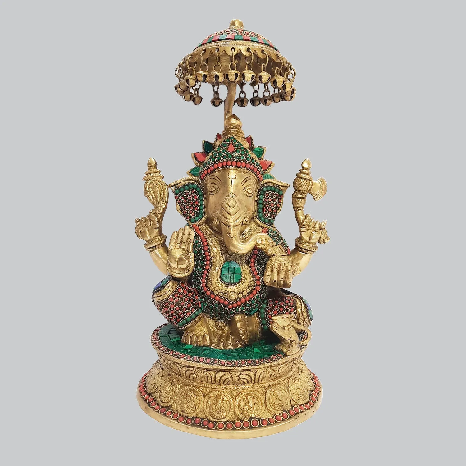 Brass Ganesha with Umbrella Round Base and Ring Stonework 16 in