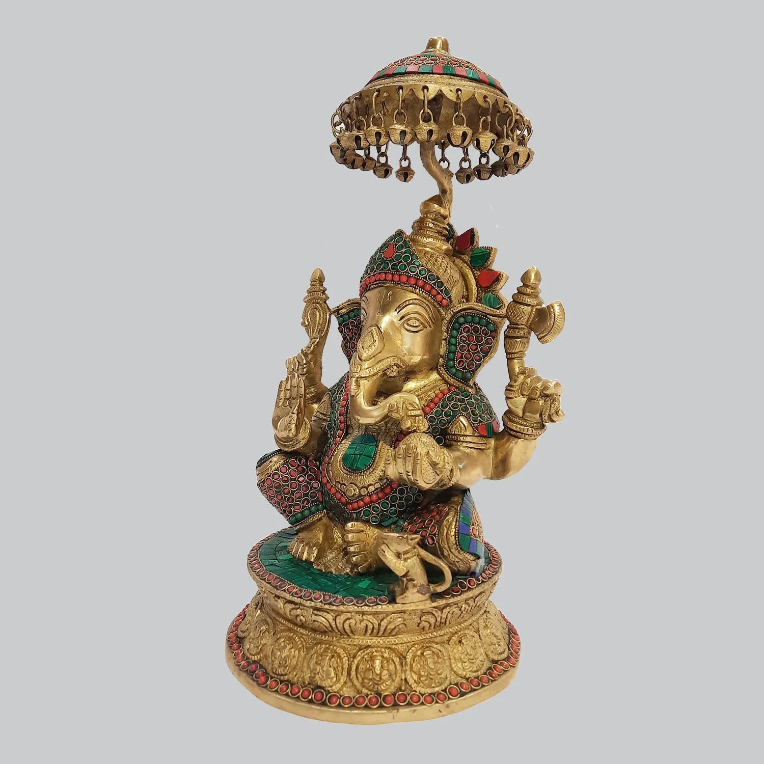 Brass Ganesha with Umbrella Round Base and Ring Stonework 16 in