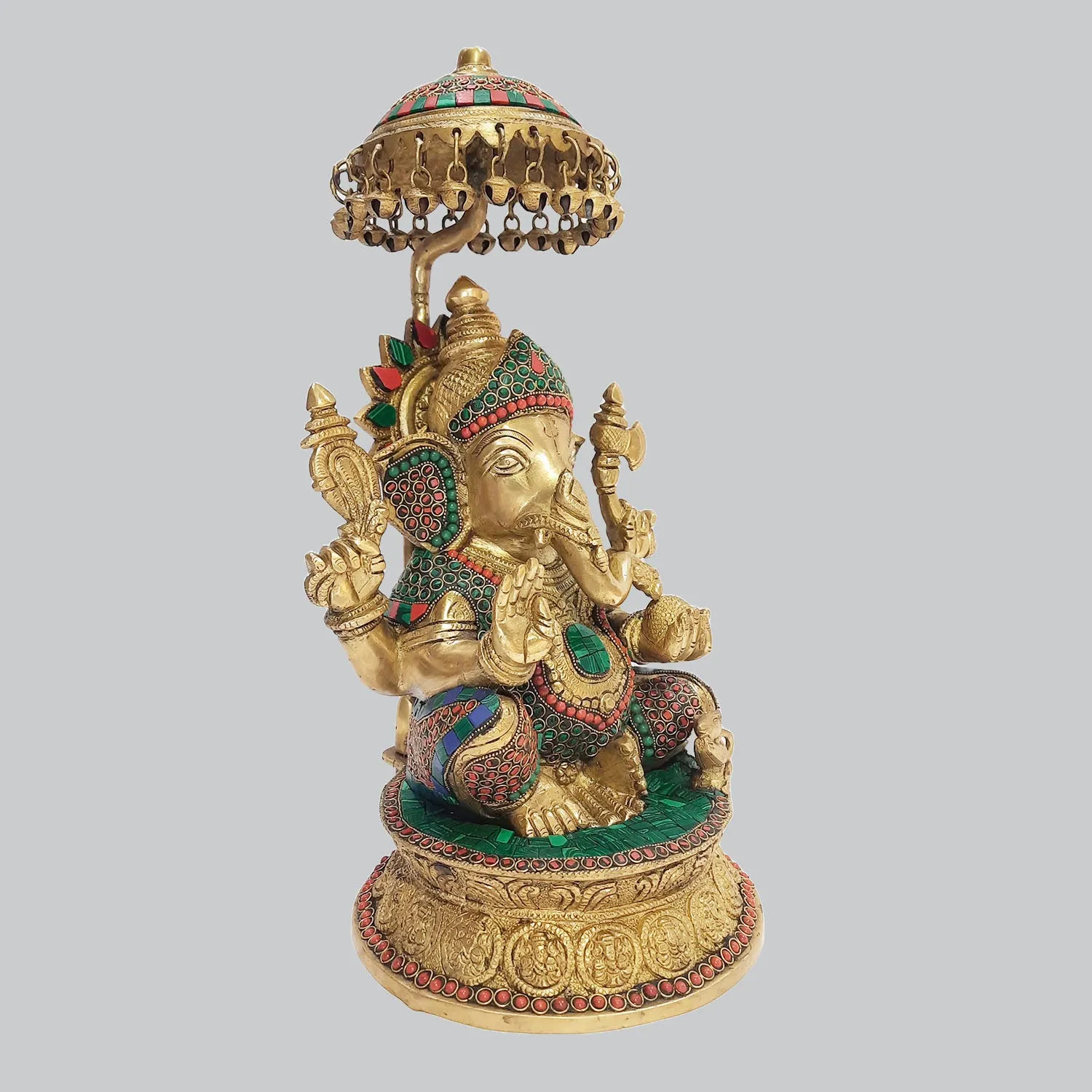 Brass Ganesha with Umbrella Round Base and Ring Stonework 16 in