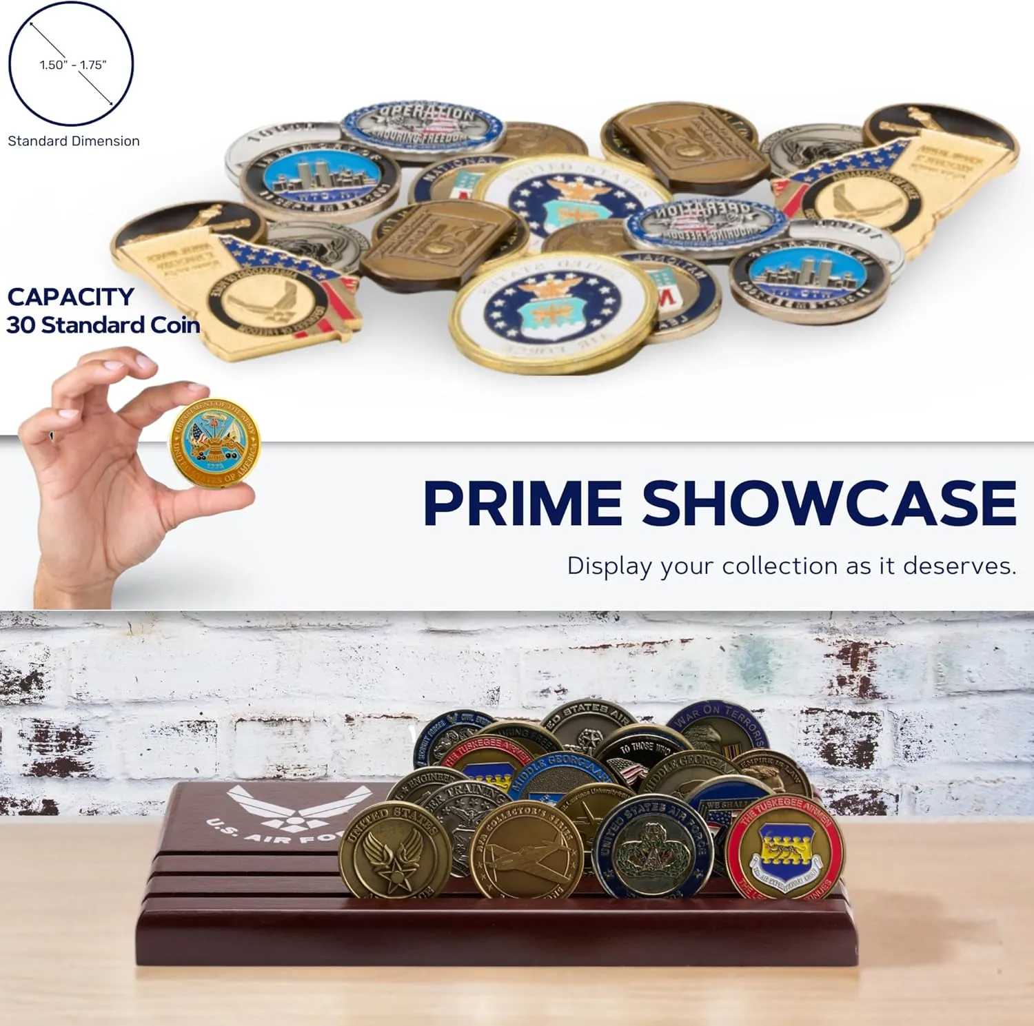 Challenge Coin Display Stand - Military Coin Holder Display, Solid Wood, Holds 25 Coins with Military Emblems