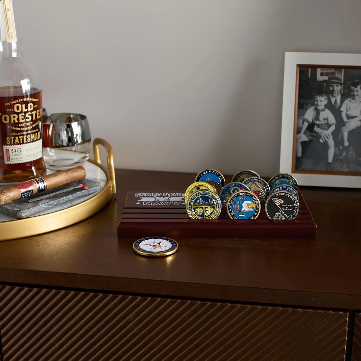 Challenge Coin Display Stand - Military Coin Holder Display, Solid Wood, Holds 25 Coins with Military Emblems