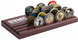 Challenge Coin Display Stand - Military Coin Holder Display, Solid Wood, Holds 25 Coins with Military Emblems