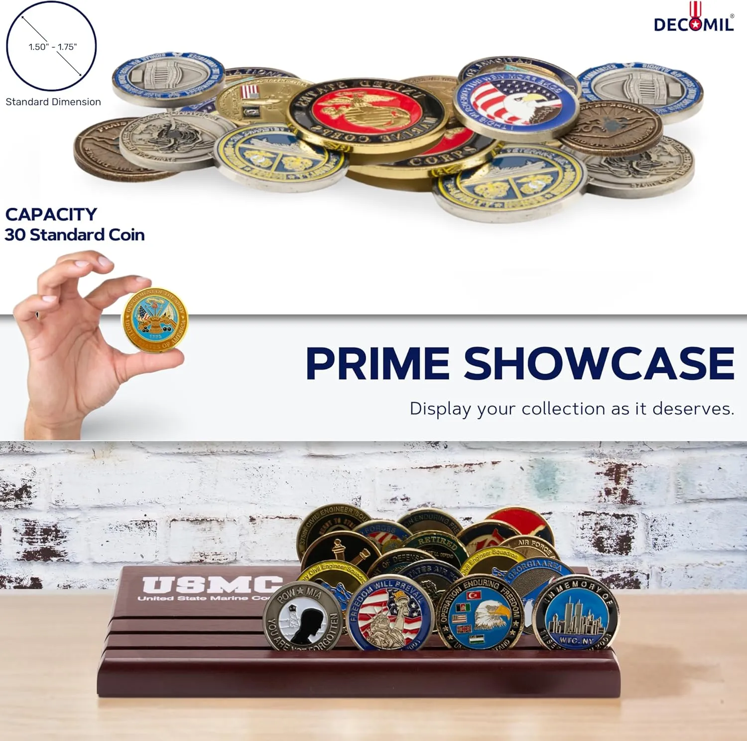 Challenge Coin Display Stand - Military Coin Holder Display, Solid Wood, Holds 25 Coins with Military Emblems