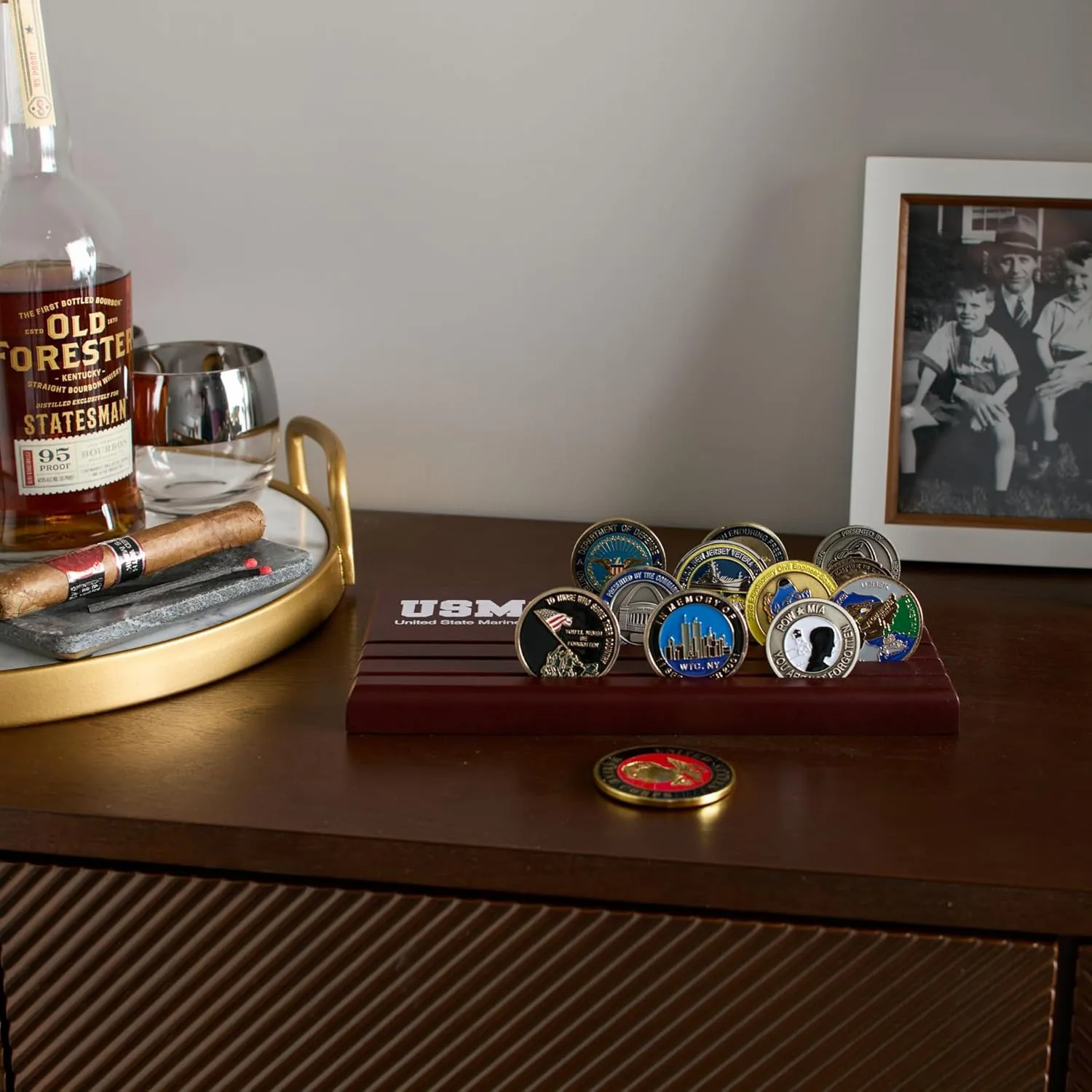 Challenge Coin Display Stand - Military Coin Holder Display, Solid Wood, Holds 25 Coins with Military Emblems