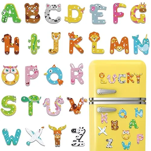 Copkim 26 Pcs Animal Diamond Fridge Magnet Cute Animal Magnetic Letters for Classroom Alphabet Magnets Set Decorative Refrigerator Magnets for Learning Spelling Game Gift Stocking Fillers