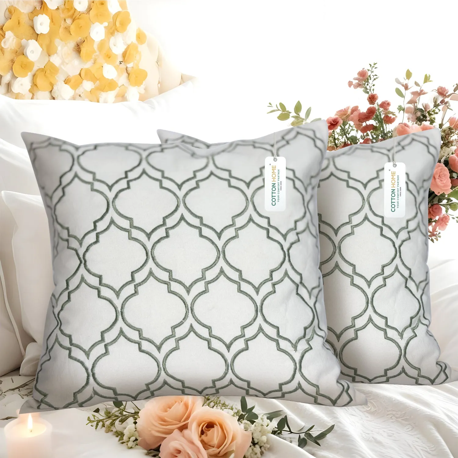 Embroidered Cushion - 100% Cotton Canvas, 45x45cm |  Green Modern Quatrefoil Geometric | Set of 2