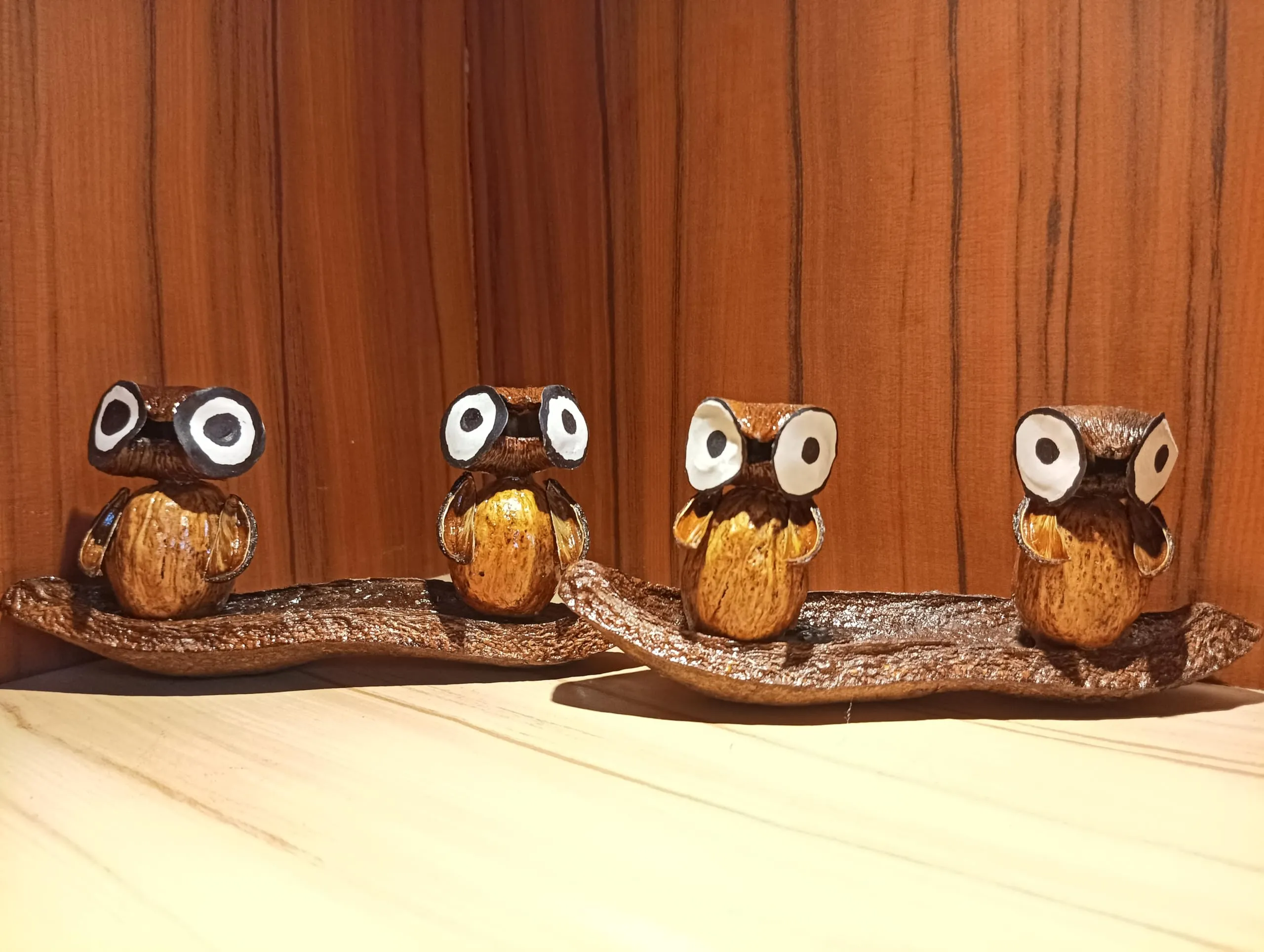 FernHaus Handcrafted Wooden Owls on Boat Set of 2, Show Pieces for Home Decor-TV Unit Decorative Items-Ideal for Showcase|Shelves|Antique Figurine Artifact for Showcase Decoration