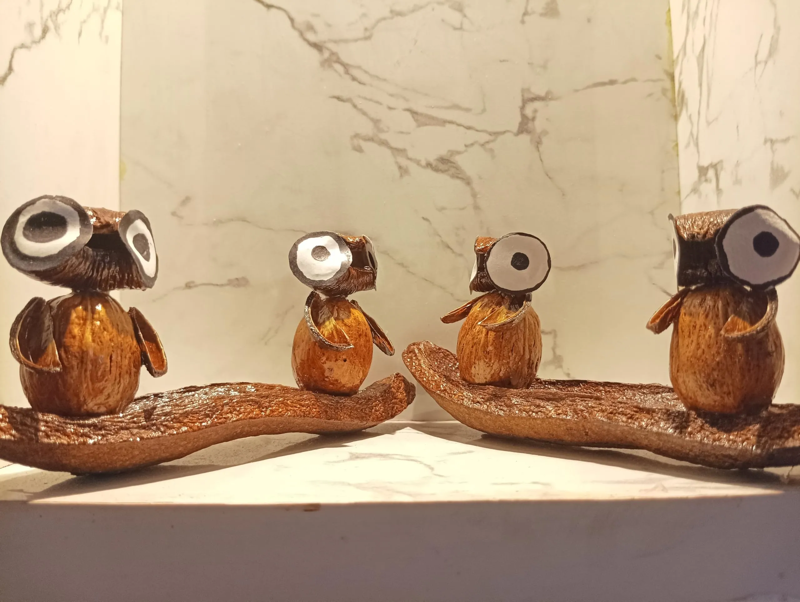 FernHaus Handcrafted Wooden Owls on Boat Set of 2, Show Pieces for Home Decor-TV Unit Decorative Items-Ideal for Showcase|Shelves|Antique Figurine Artifact for Showcase Decoration