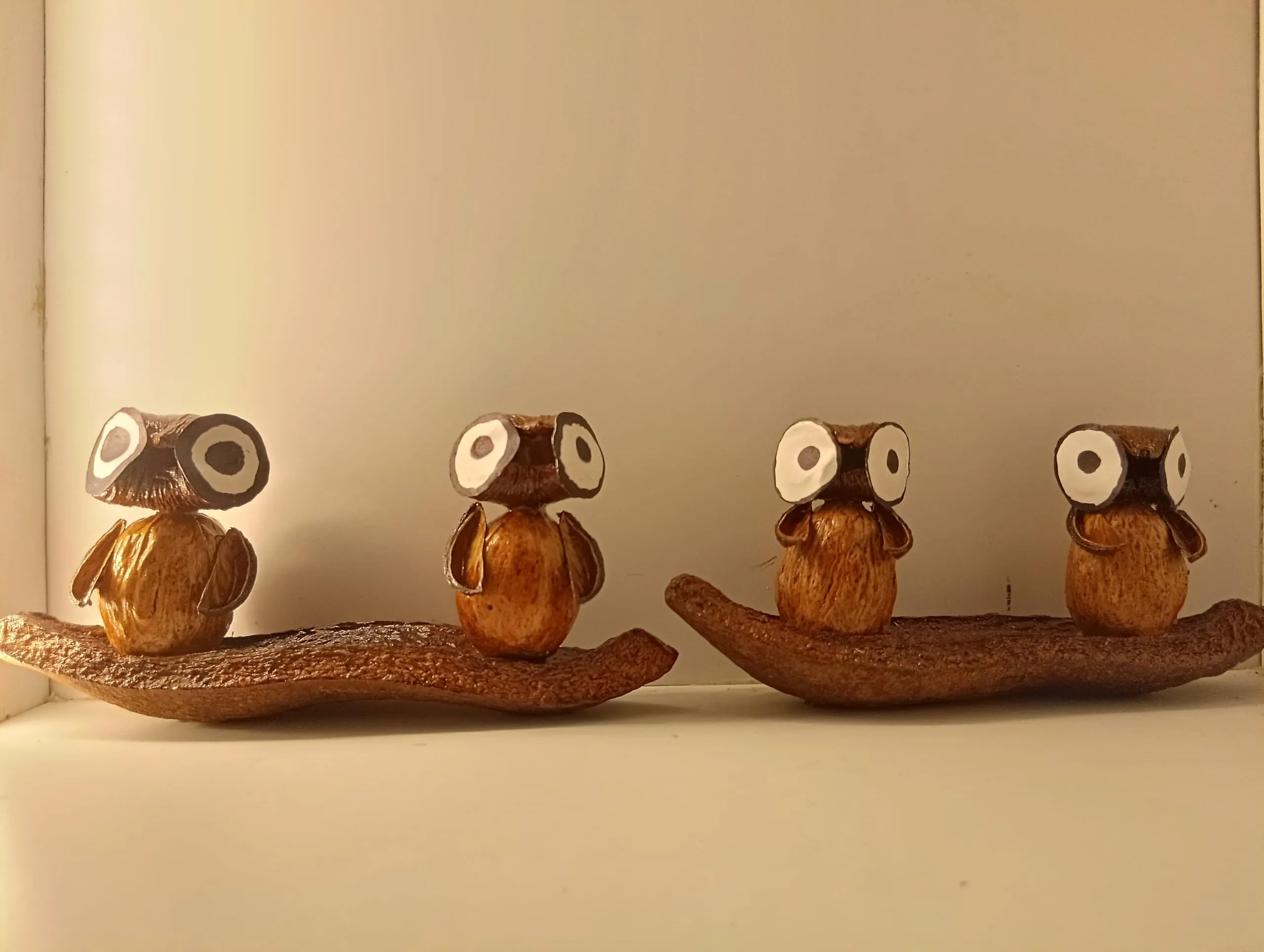 FernHaus Handcrafted Wooden Owls on Boat Set of 2, Show Pieces for Home Decor-TV Unit Decorative Items-Ideal for Showcase|Shelves|Antique Figurine Artifact for Showcase Decoration