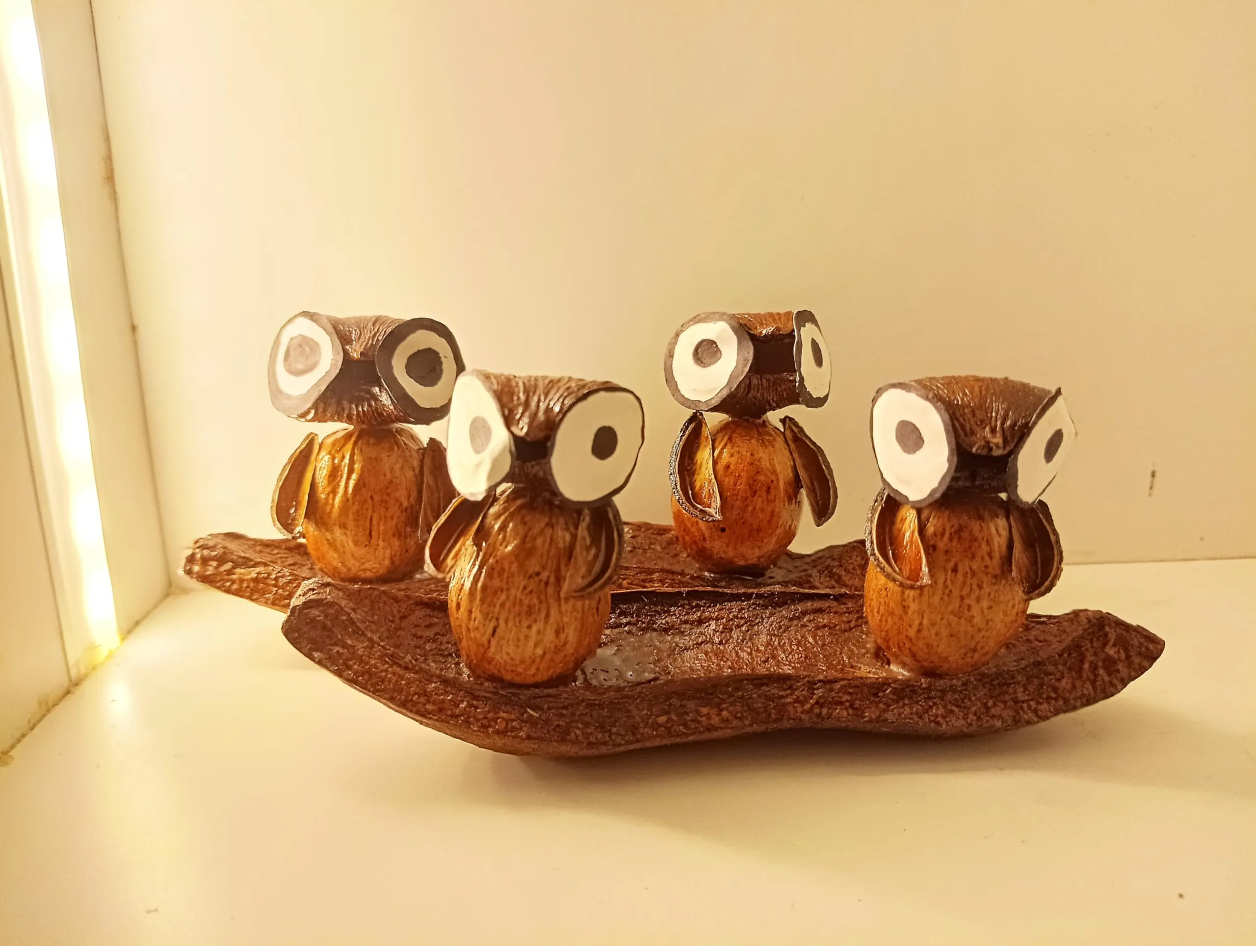 FernHaus Handcrafted Wooden Owls on Boat Set of 2, Show Pieces for Home Decor-TV Unit Decorative Items-Ideal for Showcase|Shelves|Antique Figurine Artifact for Showcase Decoration