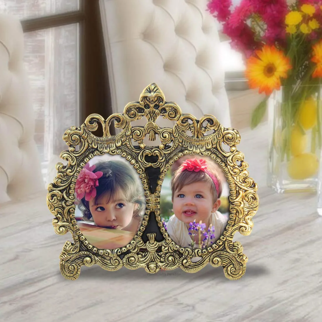 Handicrafts Paradise Antique Double Picture Victorian Style Aluminium Metal Photo Frame (24.2 cm x 1.2 cm x 21.6 cm)