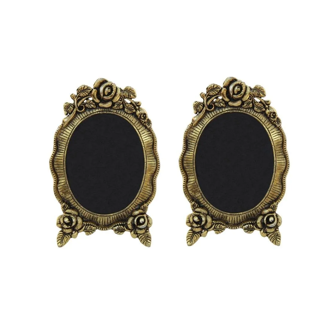 Handicrafts Paradise Photo Frame Pair Antique Golden Oval Shaped With Floral Motif In Metal 5.25 X 8 Inch