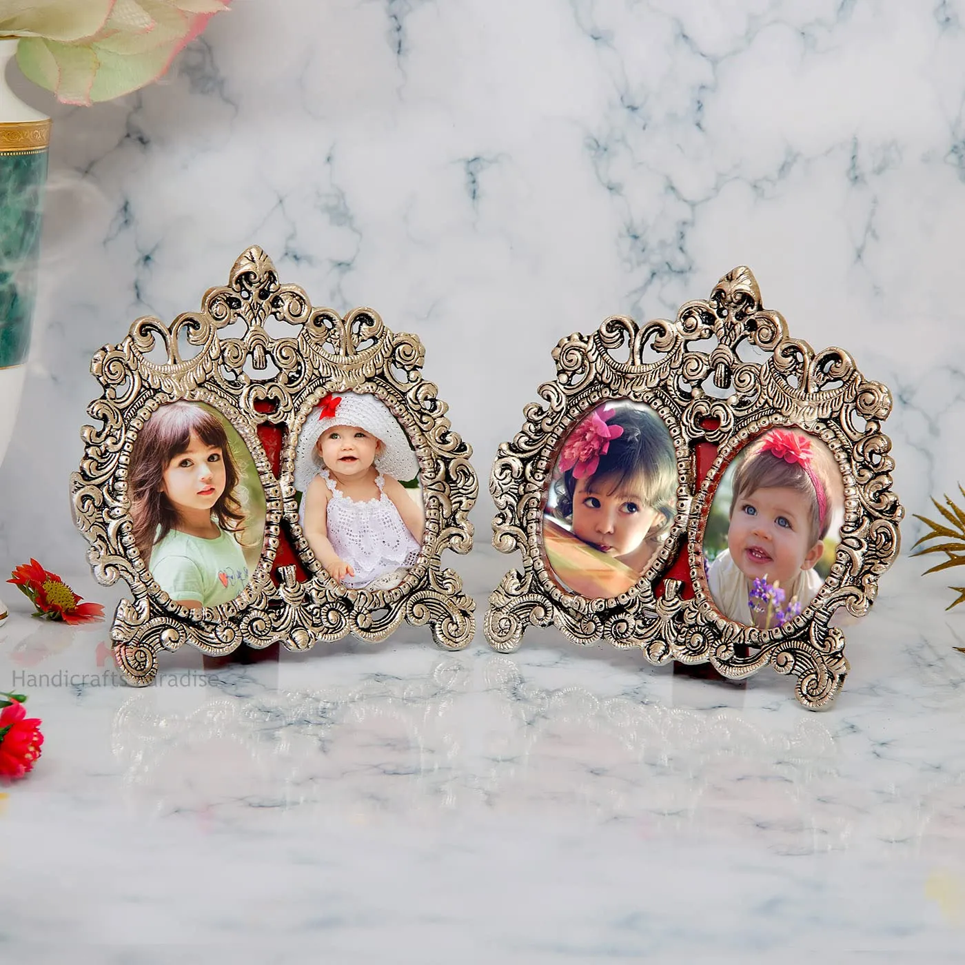 Handicrafts Paradise Photo Frame Pair Double Picture Victorian Style in Metal 9.5 X 8.5 Inch