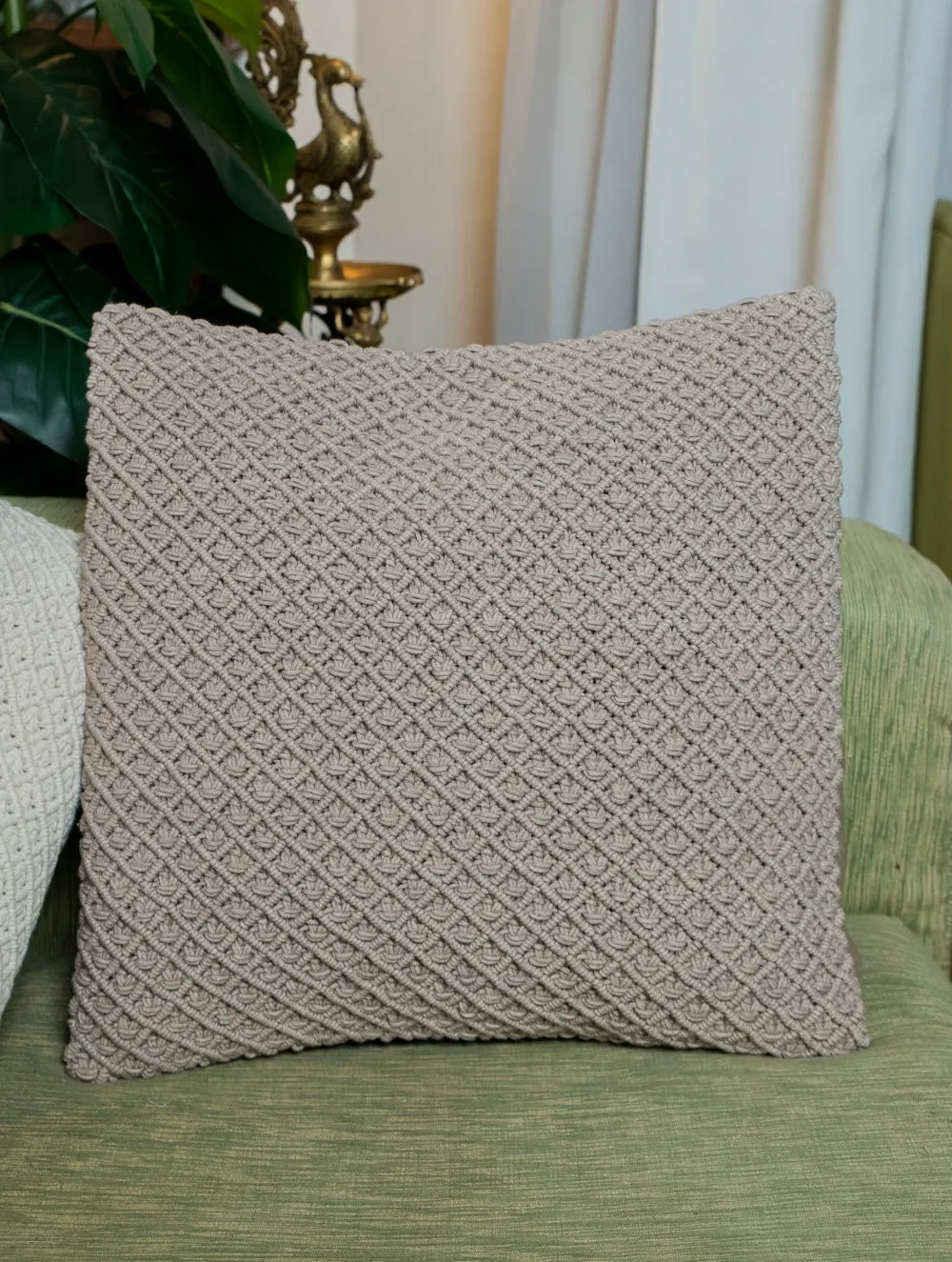 Jewel Handknotted Macramé Cushion Covers (Set of 3) - Mustard, Ivory & Dark Beige