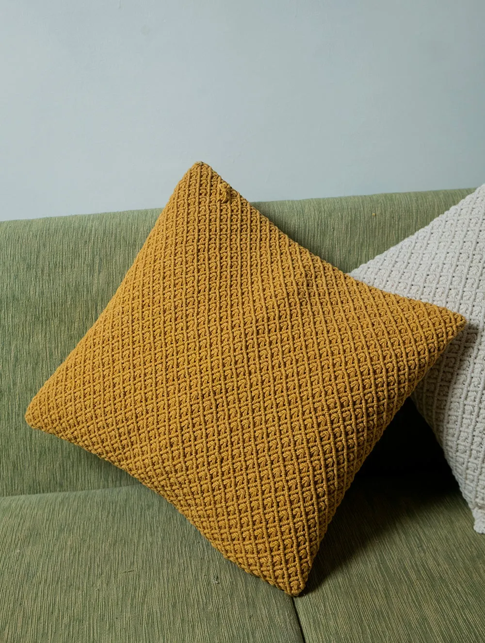 Jewel Handknotted Macramé Cushion Covers (Set of 3) - Mustard, Ivory & Dark Beige