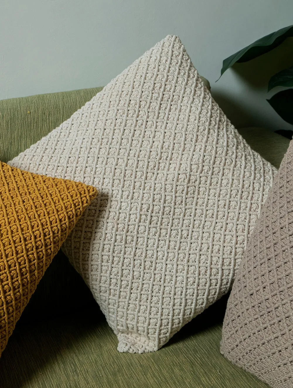 Jewel Handknotted Macramé Cushion Covers (Set of 3) - Mustard, Ivory & Dark Beige