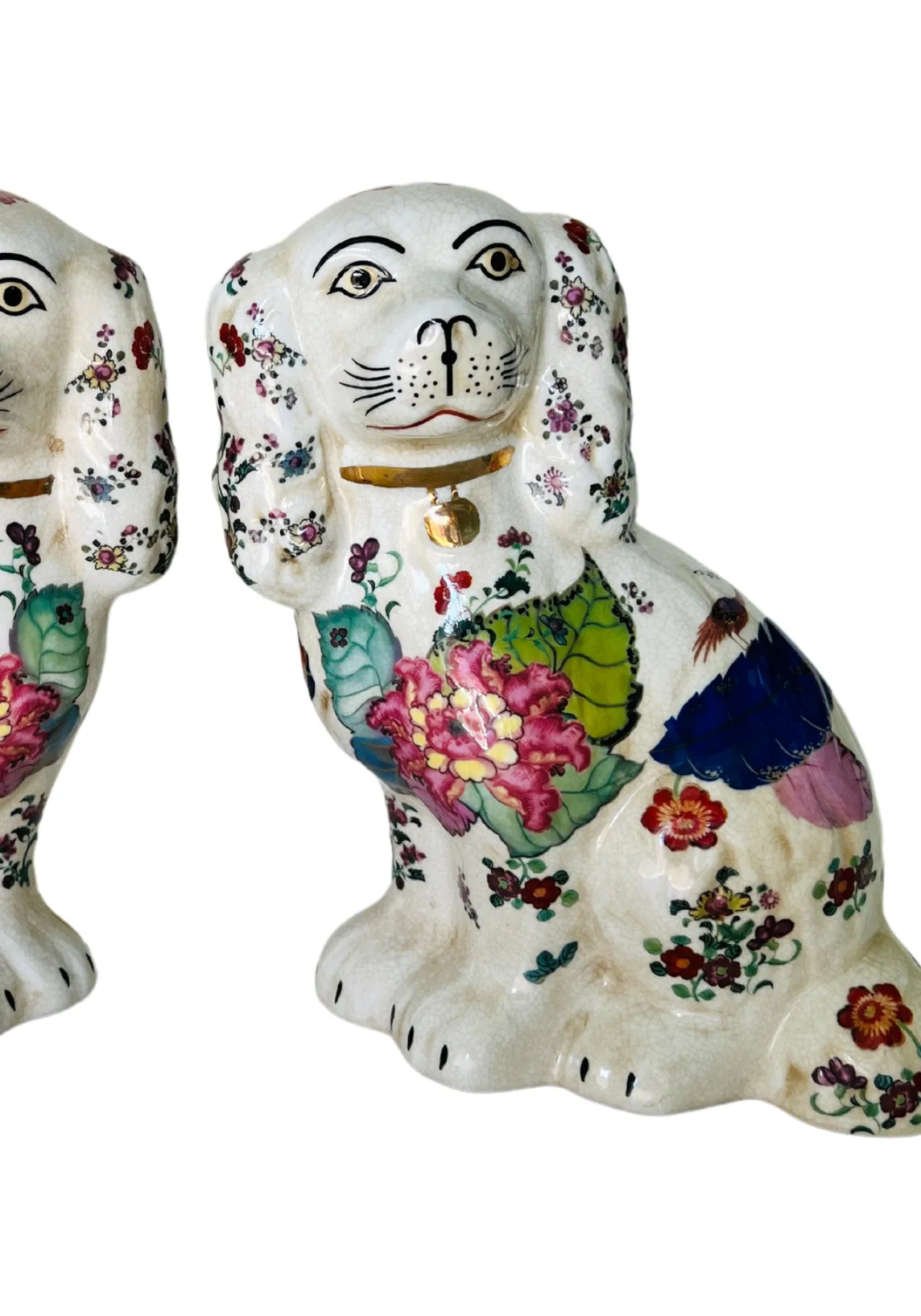 Large Tobacco Leaf floral Staffordshire dog pair 9” tall