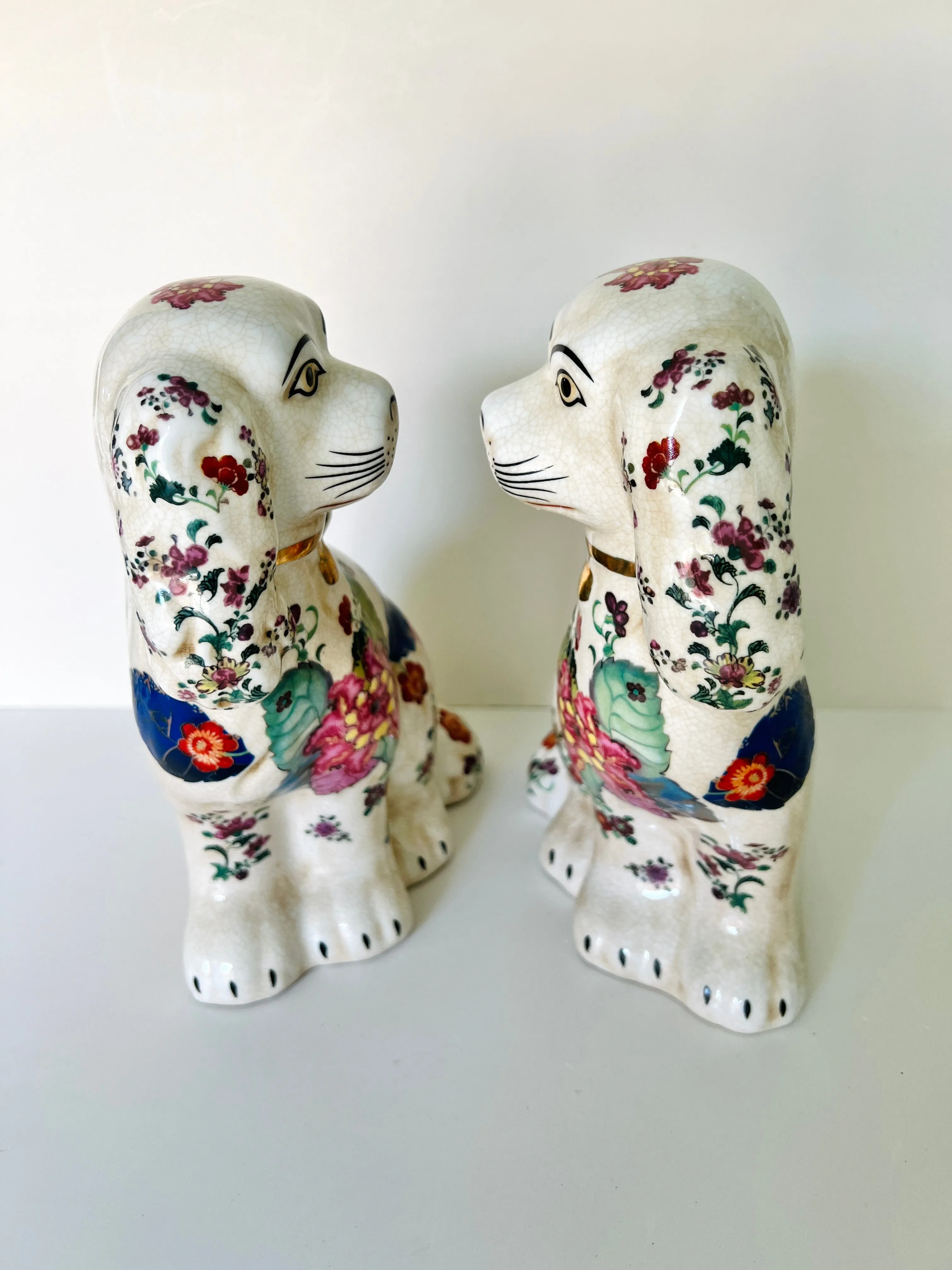 Large Tobacco Leaf floral Staffordshire dog pair 9” tall