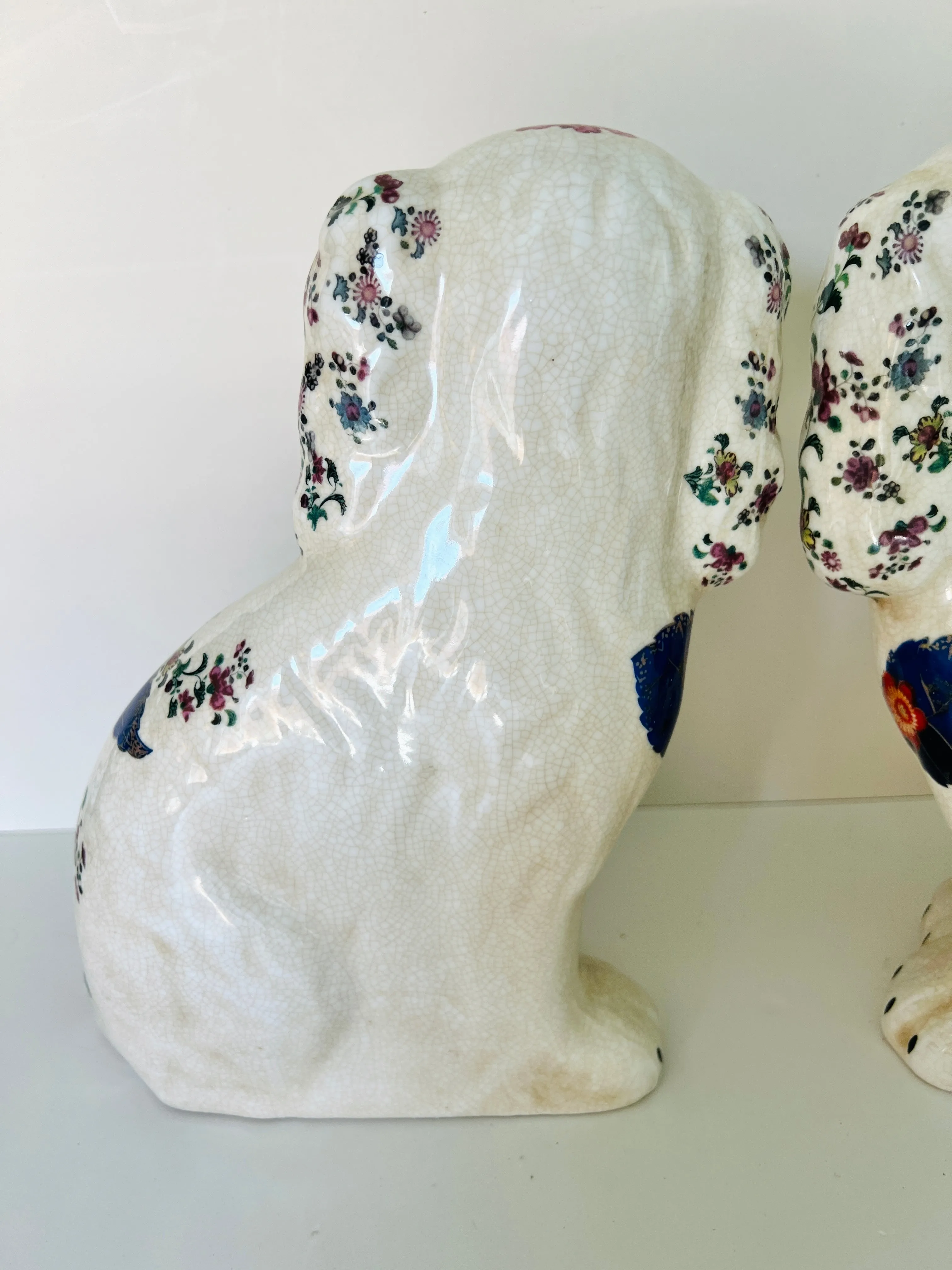 Large Tobacco Leaf floral Staffordshire dog pair 9” tall