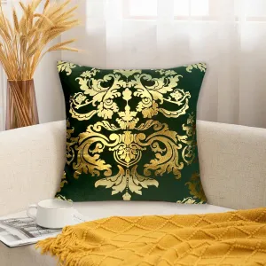 Luxury Foil Print Green and Golden Velvet Cushion 16 x 16 inches 1040044