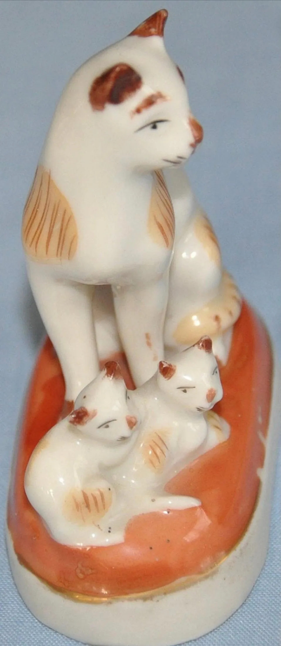 Mini Tan & White Spotted Staffordshire Chelsea Style Samson Cats Figurines on Orange Base