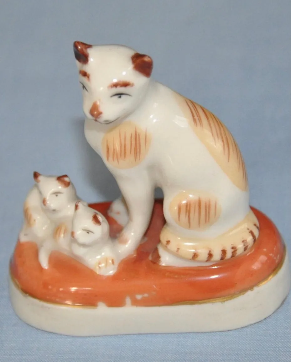 Mini Tan & White Spotted Staffordshire Chelsea Style Samson Cats Figurines on Orange Base