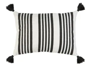 Moroccan PomPom Lumbar Pillow Cover - White with Black Stripes - Boho Chic