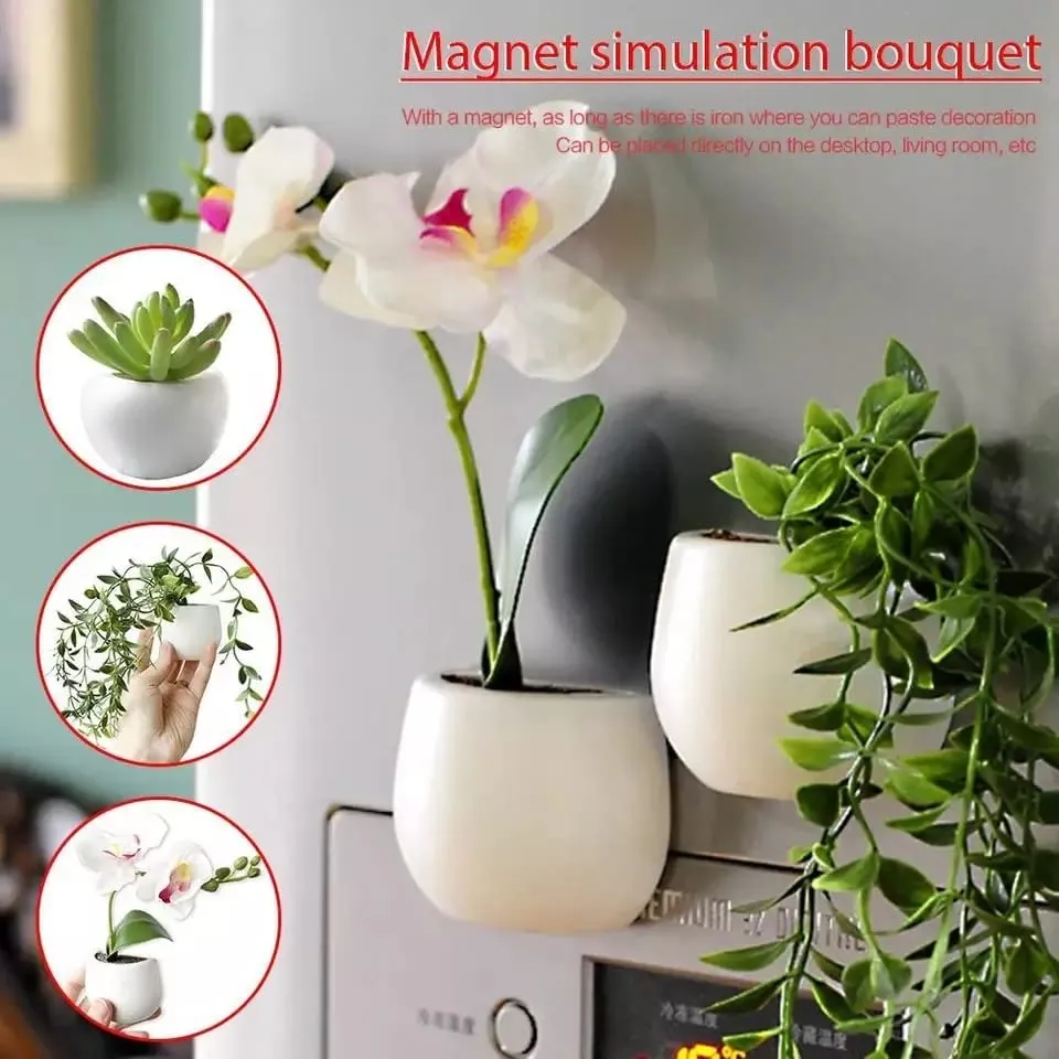 Plant Pot Unique 3D Refrigerator Magnets Poly Resin Ceramic Flower Vase Mini Artificial Dried Flowers Fridge Magnet Material Cute Office Board Kitchen