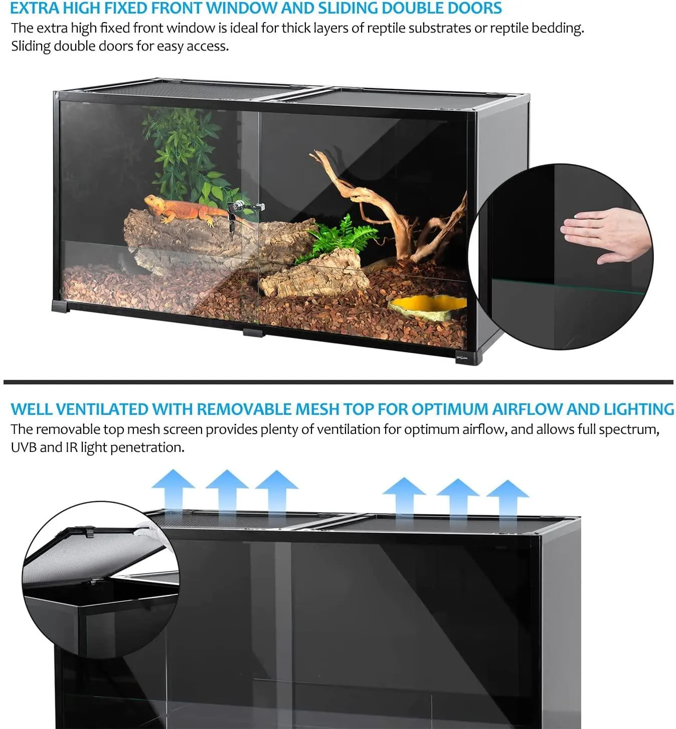 REPTI ZOO 2nd-Generation 120 Gallon Reptile Terrarium 48" x 24" x 24", Black-Tinted Glass ECO-Terrarium to Reduce Stress, Fully Knock-Down RKF0318B