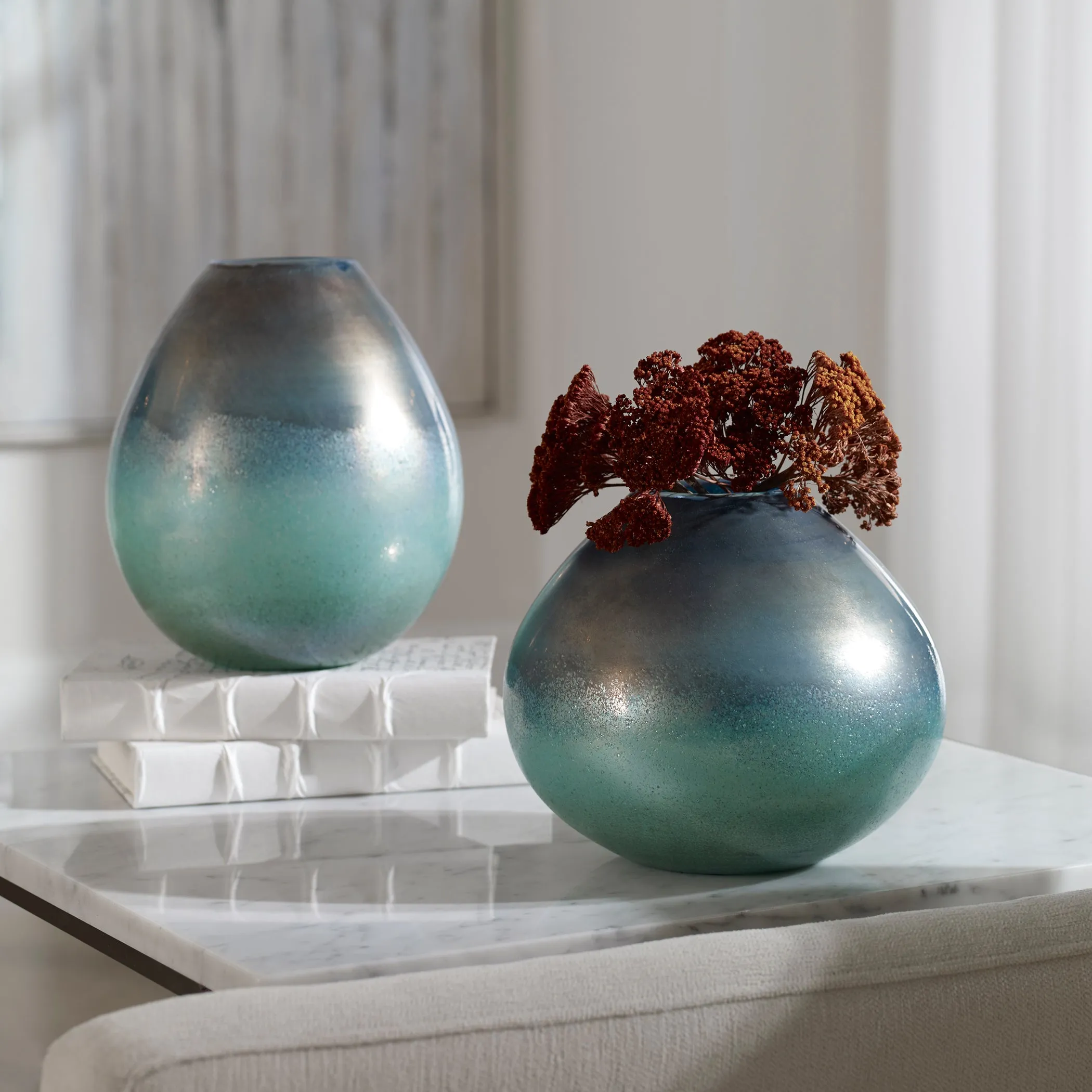 Rian Aqua Bronze Vases, S/2