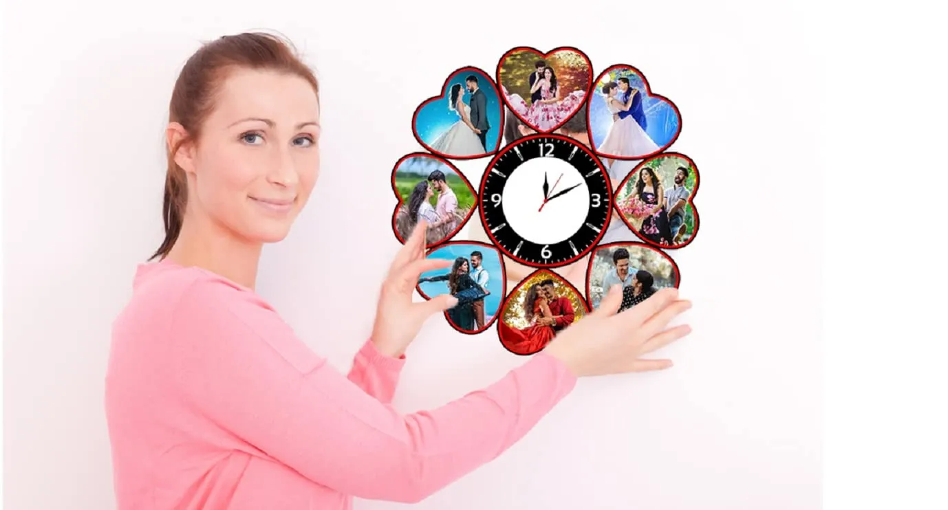 Shri Kanth Art® Customized Unique Heart Shape Wooden Wall Clock Photo Frame - Personalised Picture Frame for Couple - Wall Hanging Multiple Memories Collage Photo Frame for Couple (12" x 12", Multi)