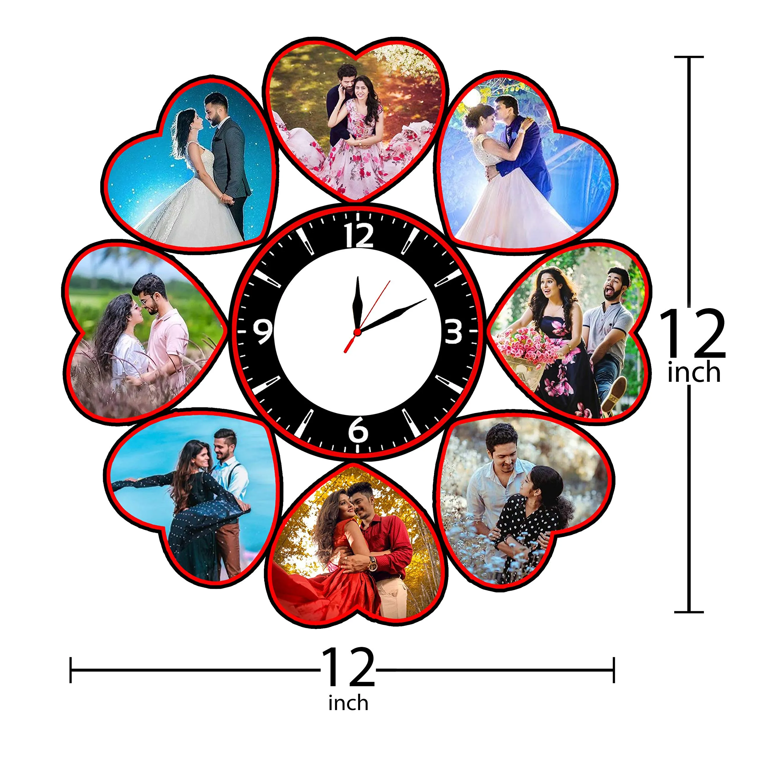 Shri Kanth Art® Customized Unique Heart Shape Wooden Wall Clock Photo Frame - Personalised Picture Frame for Couple - Wall Hanging Multiple Memories Collage Photo Frame for Couple (12" x 12", Multi)