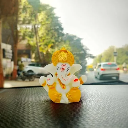 SMRK Lord Ganesha Idol for Car Dashboard – Yellow Ganpati Figurine Showpiece for Good Luck, Home Decor, and Gifts