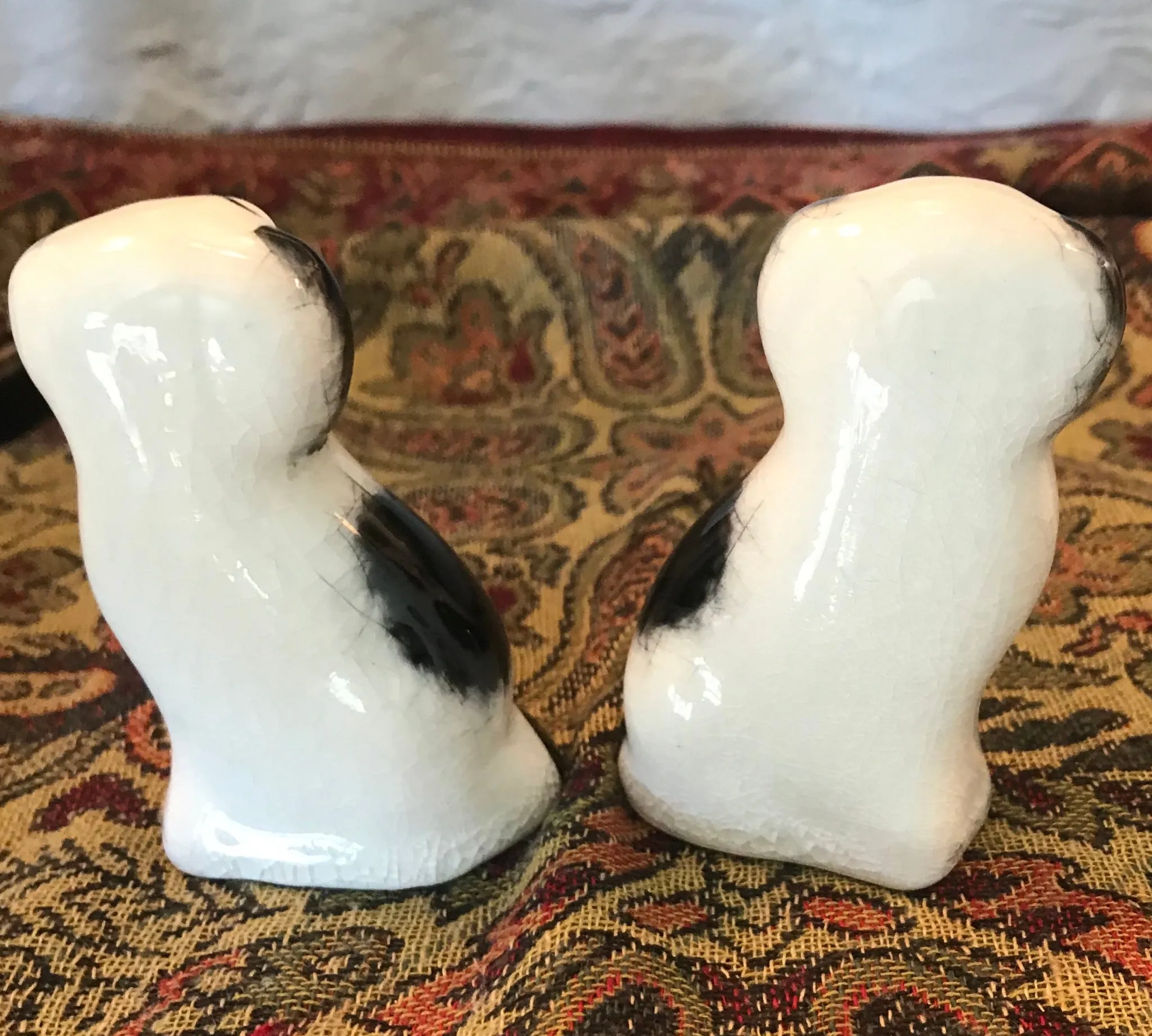 Tiny Pair Black & White Staffordshire Spaniel Wally Dog Figurines  - English Country Decor