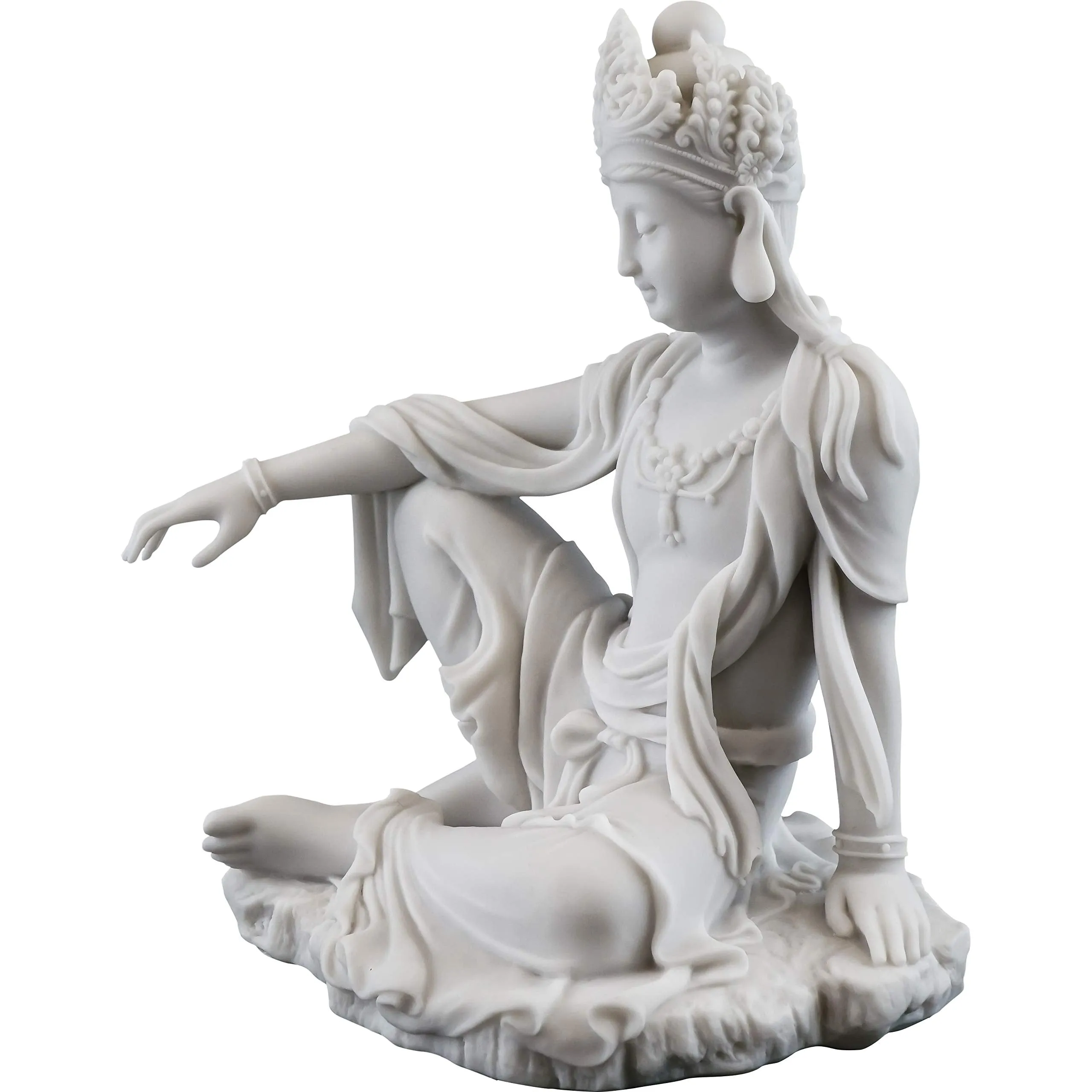 Top Collection Water & Moon Quan Yin Royal Ease Pose Statue- Buddhist Kwan Yin Goddess of Compassion and Mercy Sculpture in White Marble Finish - 7.25-Inch Collectible Figurine