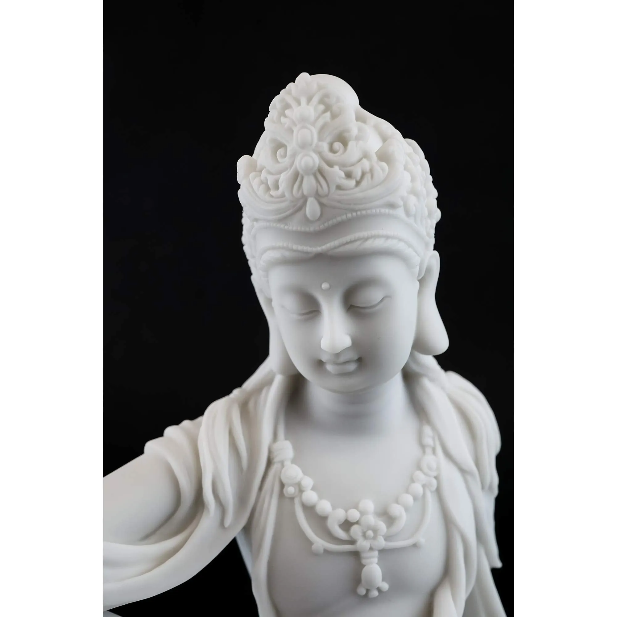 Top Collection Water & Moon Quan Yin Royal Ease Pose Statue- Buddhist Kwan Yin Goddess of Compassion and Mercy Sculpture in White Marble Finish - 7.25-Inch Collectible Figurine