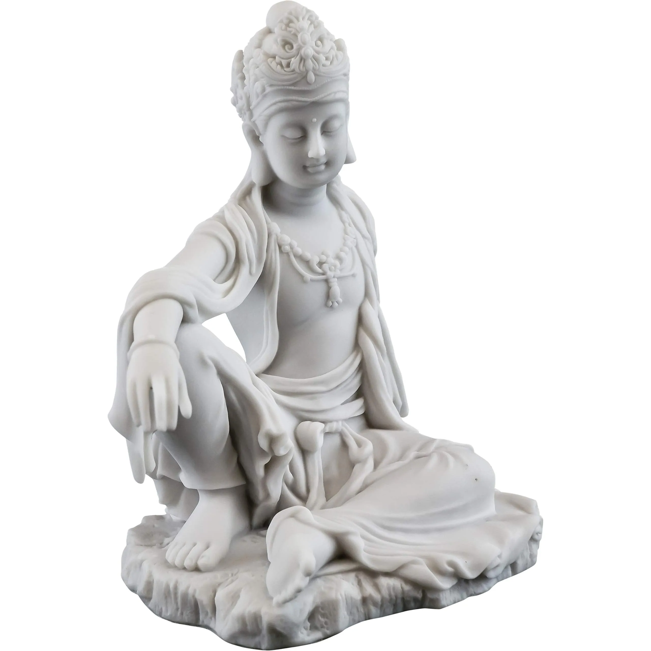 Top Collection Water & Moon Quan Yin Royal Ease Pose Statue- Buddhist Kwan Yin Goddess of Compassion and Mercy Sculpture in White Marble Finish - 7.25-Inch Collectible Figurine