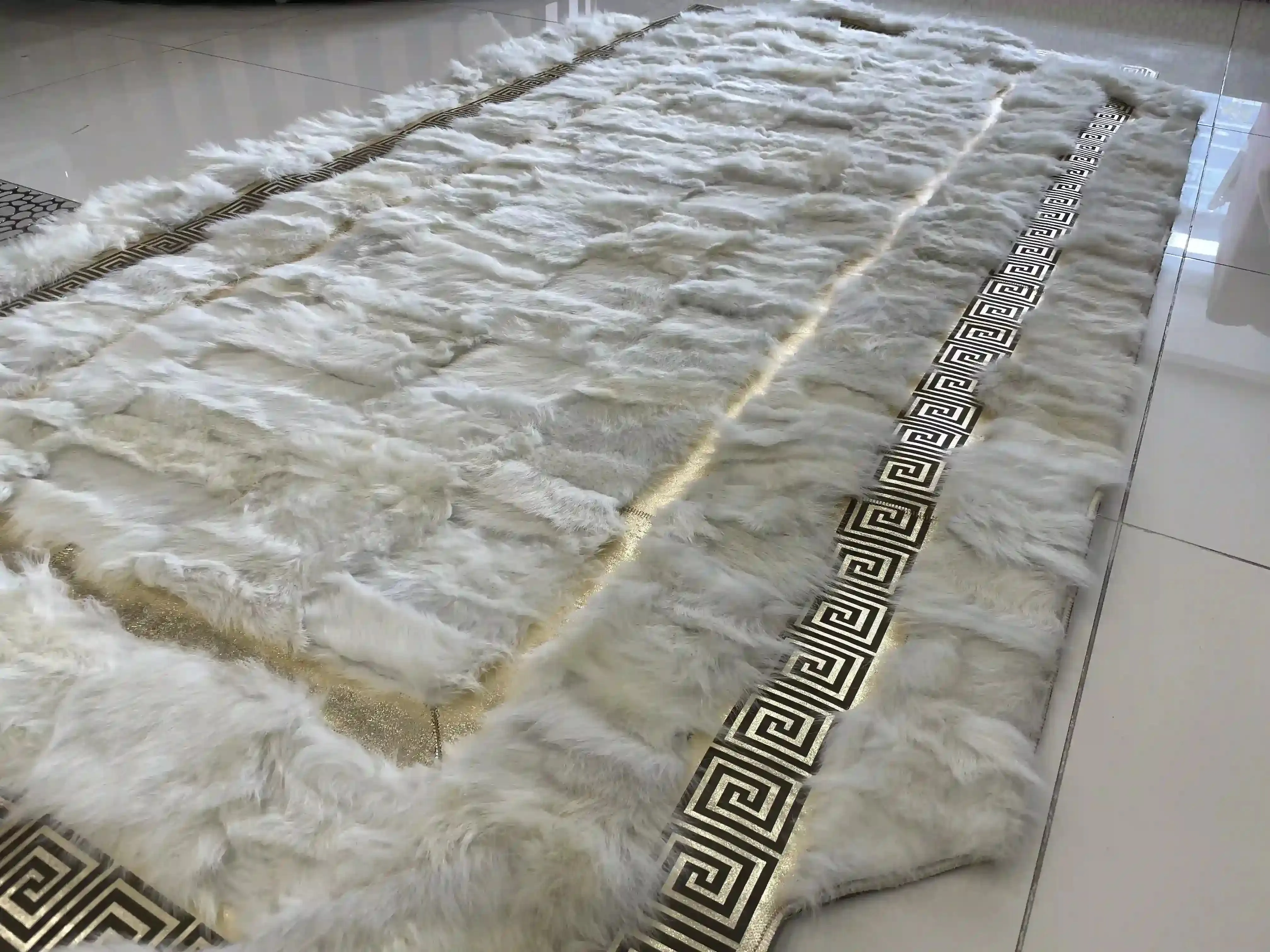 Unique Soft Fluffy White Gold Genuine Sheepskin Handmade Corridor Rug