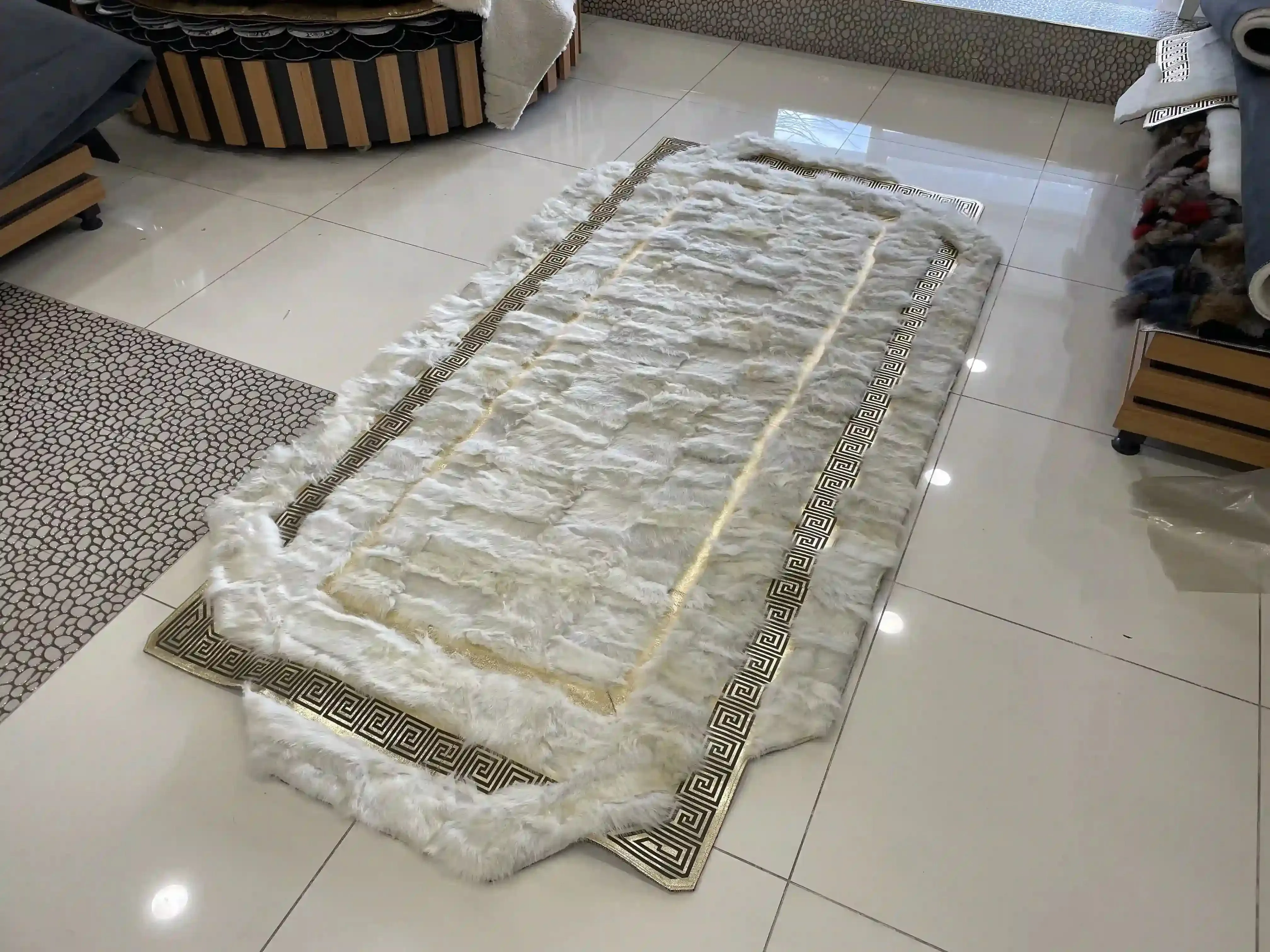 Unique Soft Fluffy White Gold Genuine Sheepskin Handmade Corridor Rug