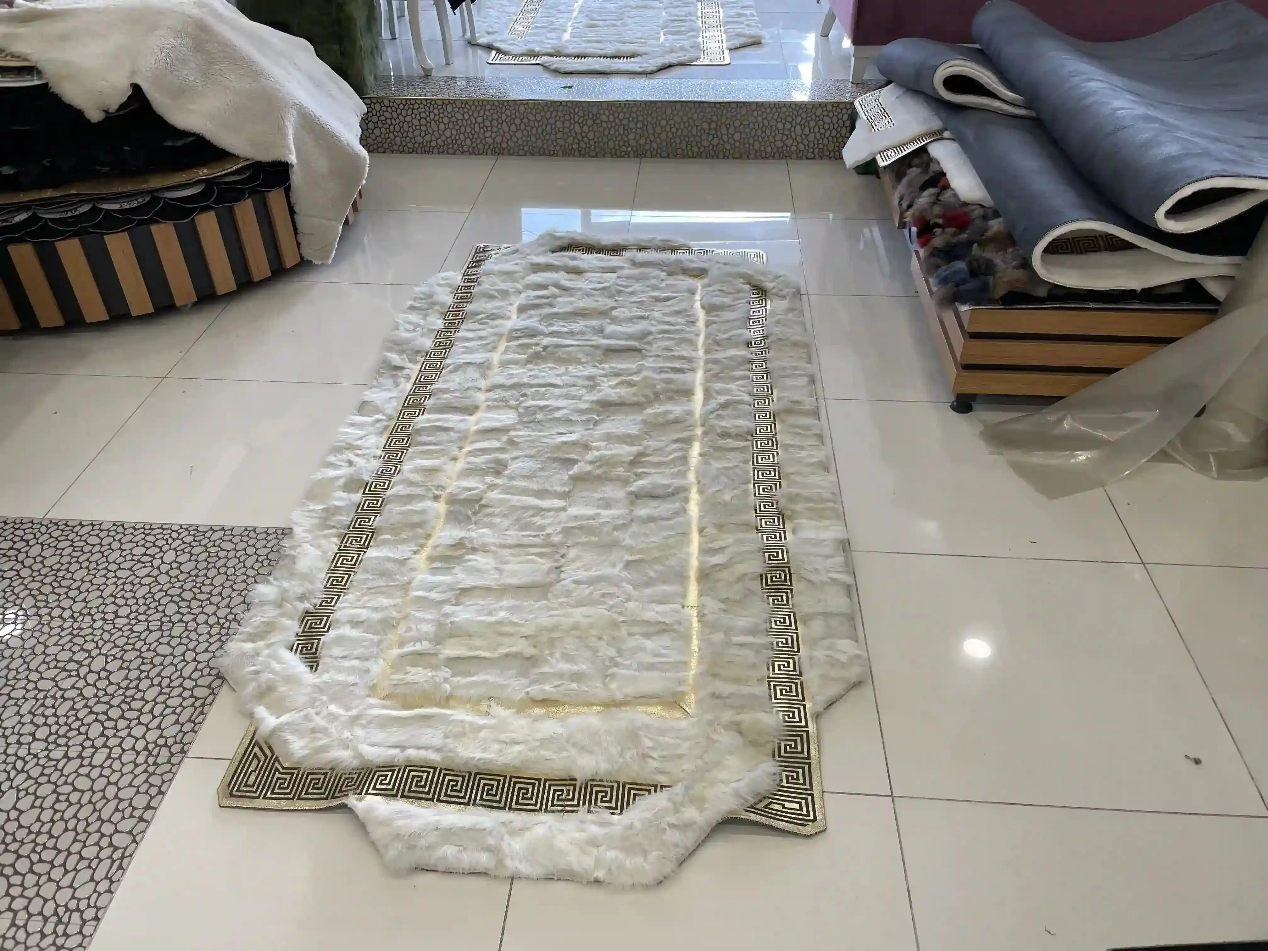 Unique Soft Fluffy White Gold Genuine Sheepskin Handmade Corridor Rug