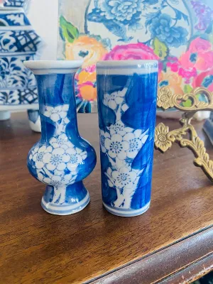 Vintage Chinoiserie Cherry Blossom Vases - Mini Blue and White, pair, bud vases